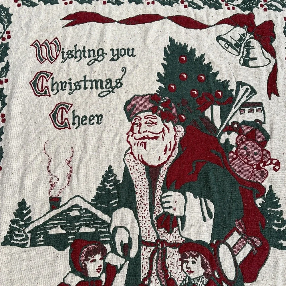 Vintage Christmas Throw Old World Santa Tapestry Fringe Blanket Decor 68x46
